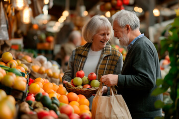 Fototapeta premium Old couple stands at the market with a paper bag, chooses the fruits they like