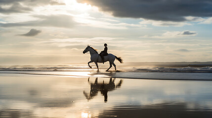 A horse and rider in a beachside canter