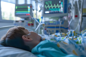 boy 5 years lies in a coma in a hospital ward, connected to life support equipment, monitors