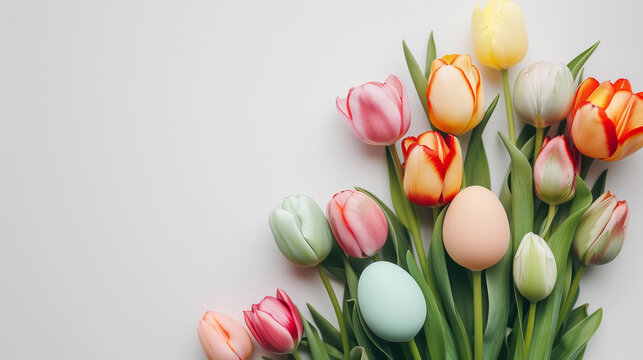 Colorful Easter eggs and tulips in a bouquet on a white background, ai generative