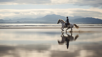 A horse and rider in a beachside canter