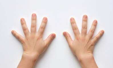 Two hands of child with widespread fingers on the white background