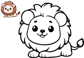 Cartoon cute lion. Coloring book with colorful sample. Vector illustration.