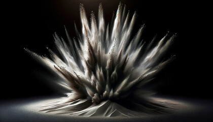 Abstract artwork of dynamic sand explosion, resembling a fountain with particles radiating outward from a central point, creating a dramatic effect against a dark backdrop.Background. AI generated.
