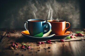 Tea mug color full on the table..