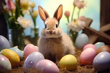 Fototapeta na wymiar Cute rabbit with colorful Easter eggs and flowers - spring celebration. AI generated