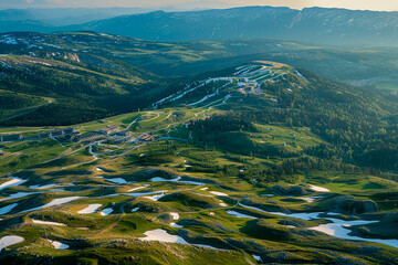 ski resort with little snow and many green meadows