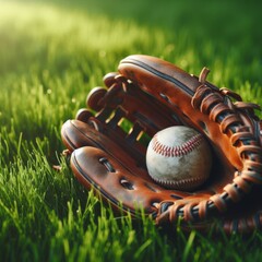 Baseball glove sits of lush green grass, with ball
