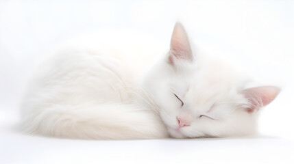 cute curled up white baby cat (kitty) sleeping on white background