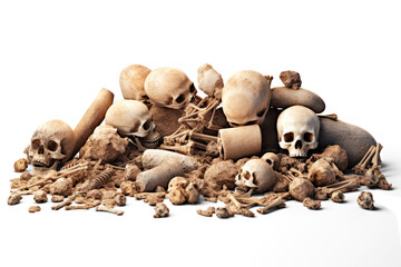 archaeological pile of old bones isolated on transparent background, png file