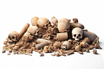 archaeological pile of old bones isolated on transparent background, png file