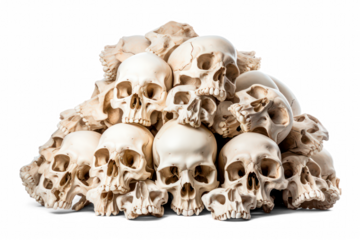 archaeological pile of scull bones isolated on transparent background, png file