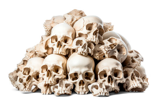 archaeological pile of scull bones isolated on transparent background, png file