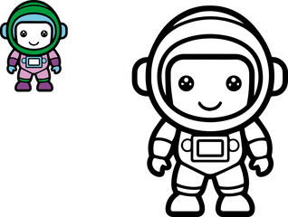 Cute cartoon Astronaut. Black and white vector illustration with colorful sample. for coloring book