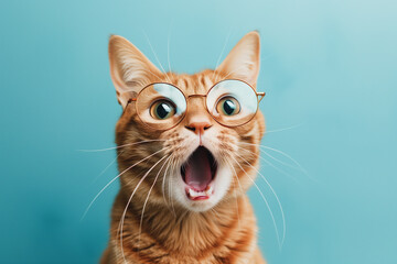 surprised red cat in round glasses with an open mouth on a blue background