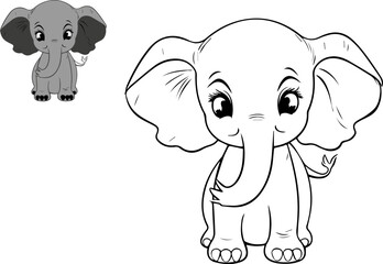 Coloring book for kids. Cheerful elephant character. Vector illustration. Cute cartoon style. Fantasy page for children. Black contour silhouette.