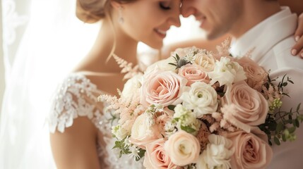 Naklejka premium Romantic Wedding Couple Embracing with Flower Bouquet