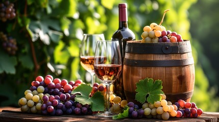 Elegant Wine Tasting Setup with Grapes and Barrel - obrazy, fototapety, plakaty
