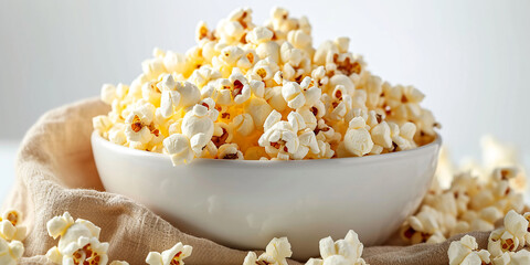 Popcorn in a white bowl on a light background. Close-up.