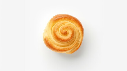 Obraz na płótnie Canvas A top-view image of a flaky, golden puff pastry swirl, perfectly baked and presented on a white background