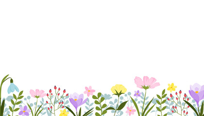 Trendy horizontal banner with hand drawn blooming flowers. Vector illustration on white background. Floral seamless patterns border.