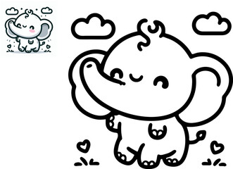 Coloring book for kids. Cheerful elephant character. Vector illustration. Cute cartoon style. Fantasy page for children. Black contour silhouette.