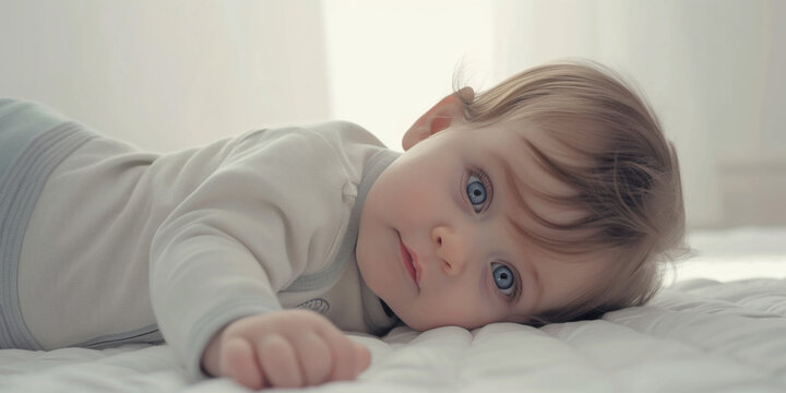 a baby looking at the camera and laying on a white background, generative AI