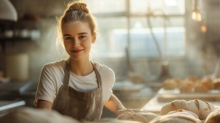 Smiling Artisan Baker in Sunlit Bakery with Fresh Bread on Display
