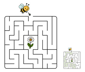 Easy Maze game for kids with solution. Help the Little Bee Find Its Way to the Flower! A Simple Maze Puzzle for Preschoolers