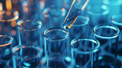 Pharmaceutical research. Liquid drops from a pipette into a test tube in the laboratory. Close-up....