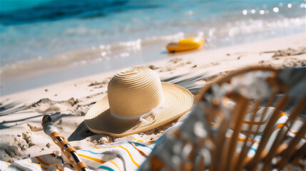 Coastal Calm: Stylish Sun Hat and Sunglasses on Sandy Beach
