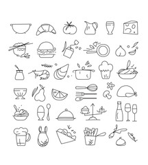 pictos, cuisine, restaurant, aliment, symboles vecteur, recette, noir et blanc, marché, potager, fruit, légume, boisson, condiment, aromate, ustensile, cuisinier, vectoriel, modifiable, dessin, icône,