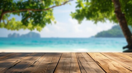 Tropical Beach View from Wooden Platform with Blurry Defocused Background
