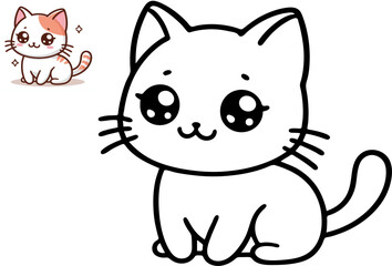 Colorful and black and white pattern for coloring. Illustration of cute kitten. Worksheet for children and adults. Vector image.