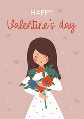 Postcard with a woman, a girl with a bouquet of blue, red, white flowers with closed eyes with hearts on a pink background.  Flat Vector illustration of EPS10.