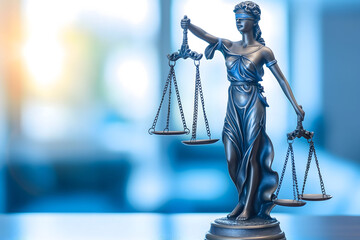 Lady Justice Statue Symbolizing Legal Fairness and Law on a Blurred Background - obrazy, fototapety, plakaty