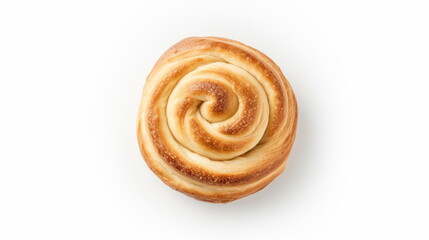 A top-view image of a flaky, golden puff pastry swirl, perfectly baked and presented on a white background