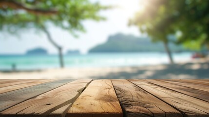 Fototapeta na wymiar Empty Wooden Deck with Blurred Tropical Beach and Sea Background