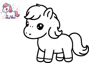 Cute cartoon horse pony. Black and white vector illustration for coloring book