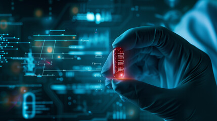 Close-up of a scientist holding a red capsule in gloves in a laboratory, with a futuristic interface in the air with chemical formulas, research data. Research, technology concept.