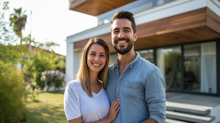 Young Couple Smiling in Front of Their New Modern Home