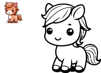 Cute cartoon horse pony. Black and white vector illustration for coloring book