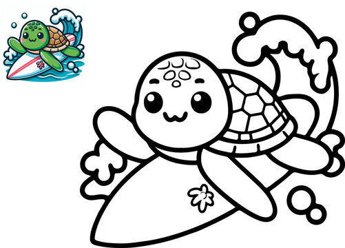 Black and white cute cartoon turtle. Coloring book for the children. Vector illustration