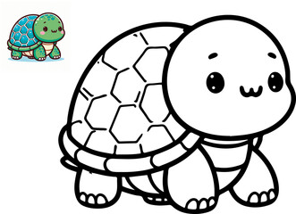Black and white cute cartoon turtle. Coloring book for the children. Vector illustration
