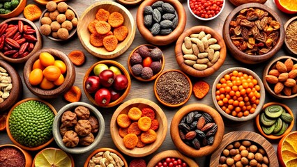 assorted nuts and dried fruit background. organic food in wooden bowls, top view.
