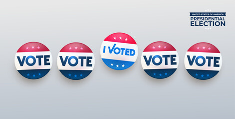 2024 Presidential election, red, blue and white vote vector buttons. Vote, i voted, various badges in American style, color and design. I voted badge isolated on white background. Vector illustration. - obrazy, fototapety, plakaty