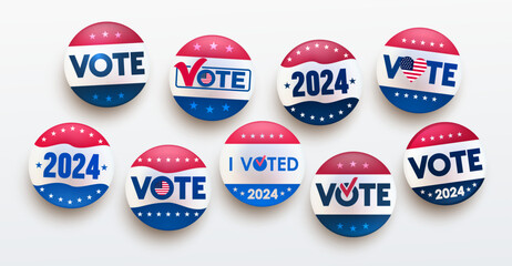 2024 Presidential election, red, blue and white vote vector buttons. Vote, i voted, different badge designs in American style and color. I voted badge isolated on white background. Vector illustration