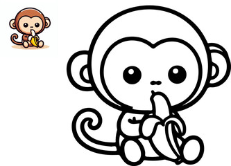 Vector illustration of cartoon monkey with banana, Coloring book