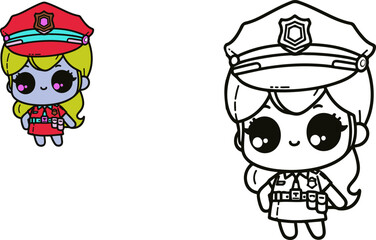 Policeman or police officer. Coloring page and colorful clipart character. cute cartoon for kids. Vector illustration.