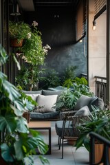Fototapeta na wymiar a modern balcony with beautiful furniture and great plants 